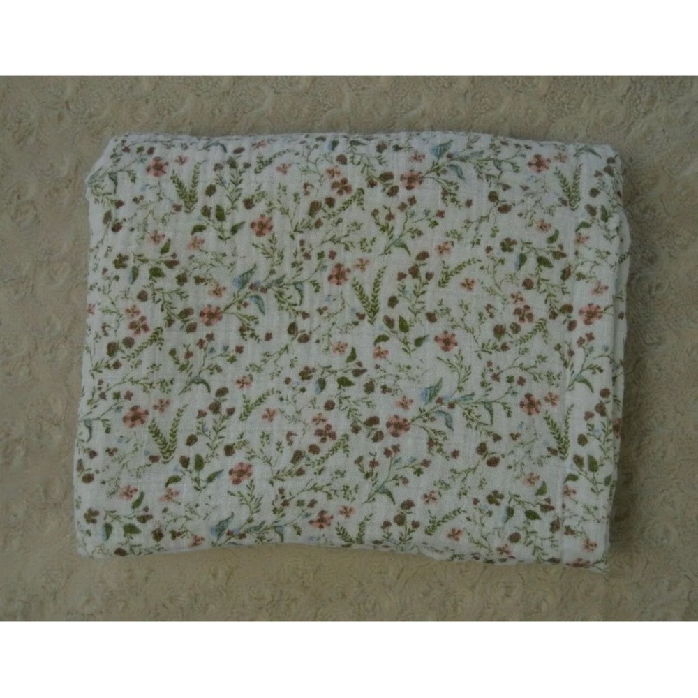 Modern Baby Floral Fern Flower Swaddle Blanket Muslin Cotton White Green Pink